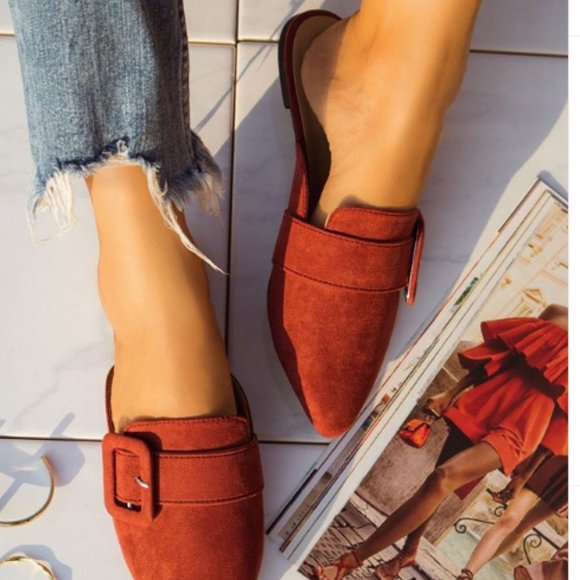 Shoes - Faux Suede Buckle Mule in Merlot